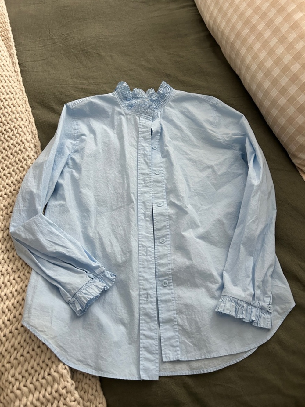 Zara Pastel Blue Ruffle-Neck Button Shirt